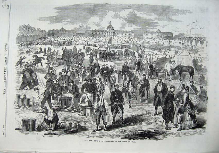 Old Antique Print War 1870 Defence Paris Camp Champ De Mars Army France 19th