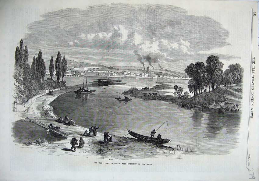 Old Antique Print War 1870 Town Sedan Overflow Meuse River Boat Fine Art 19th