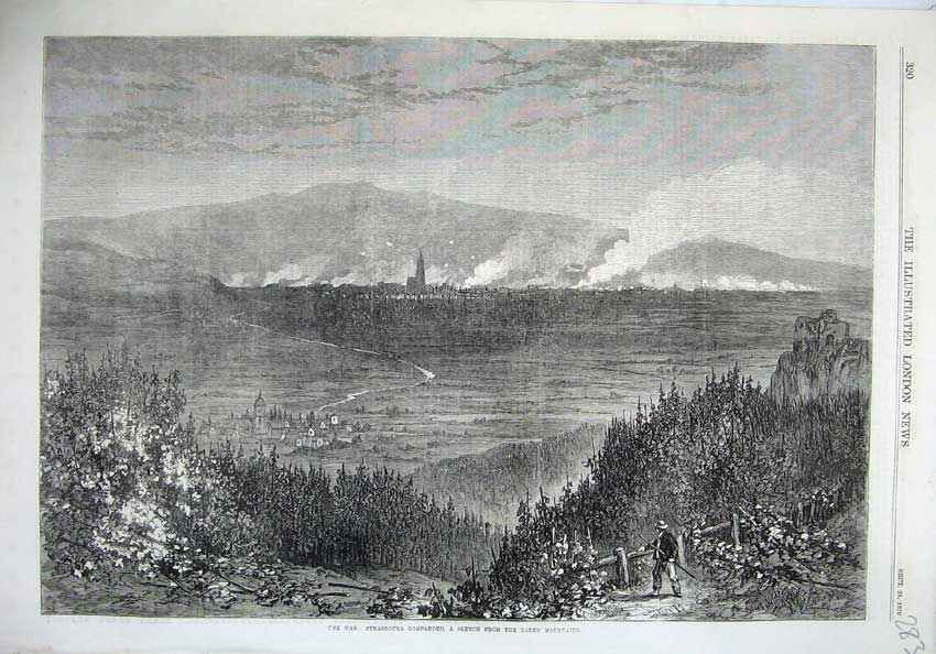 Old Antique Print War 1870 Strasbourg Bombarded Fine Art Baden Mountains 19th