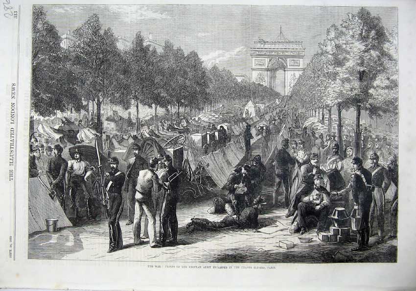 Original Old Antique Print 1870 War Troops Army Encamped Champs Elysees Paris