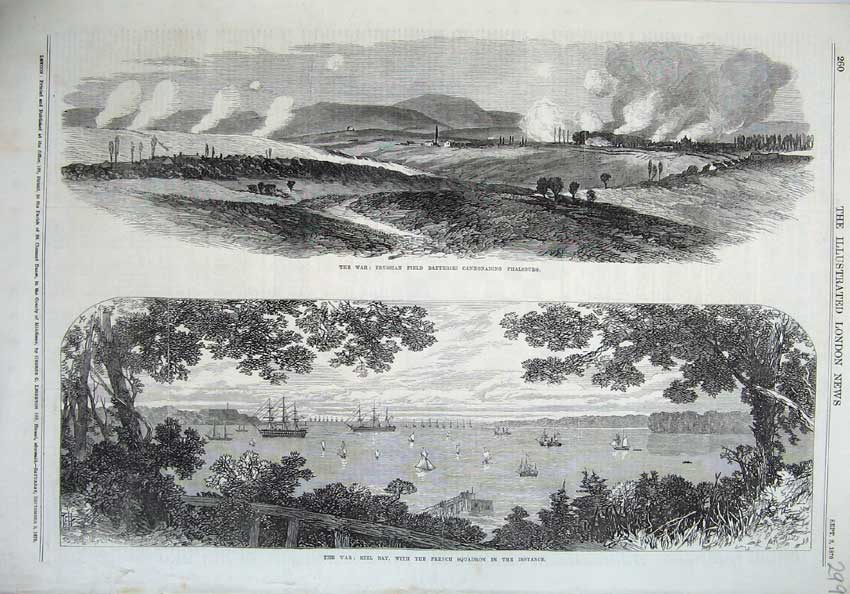 Original Old Antique Print 1870 War Prussian Batteries Phalsburg Kiel Bay Ships