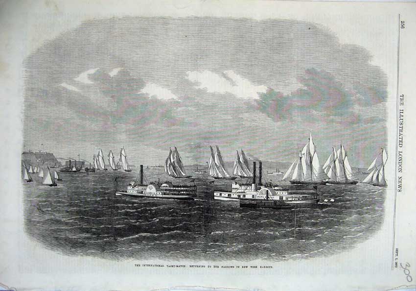 Old Antique Print 1870 Internation Yacht Match Narrows New York Harbour 19th