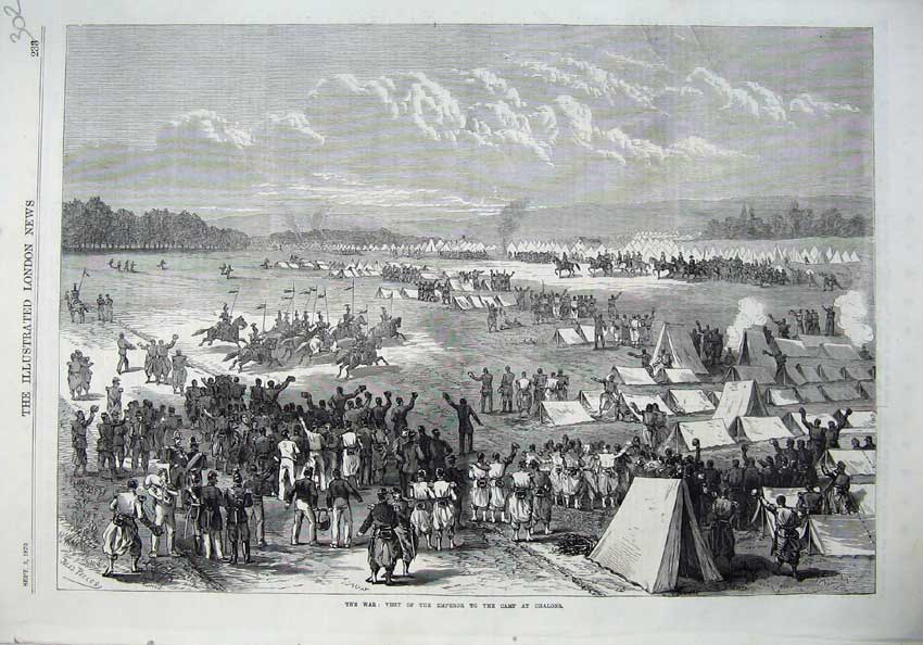 Original Old Antique Print War 1870 Visit Emperor Camp Chalons Army Siers Horse