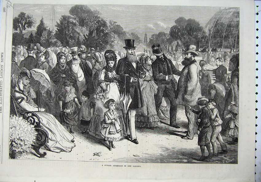 Original Old Antique Print 1870 Fine Art Kew Gardens Summer Afternoon Families
