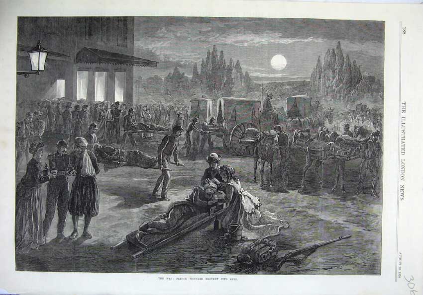 Original Old Antique Print Fine Art 1870 War Wounded Metz Army Nurse Moonlight