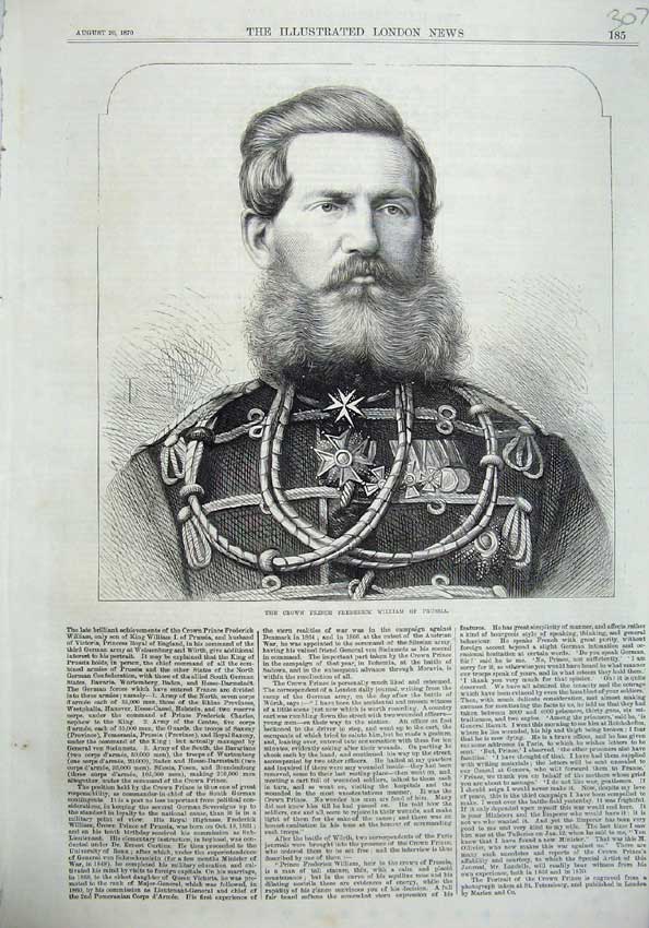Original Old Antique Print 1870 Portrait Crown Prince Frederick William Prussia