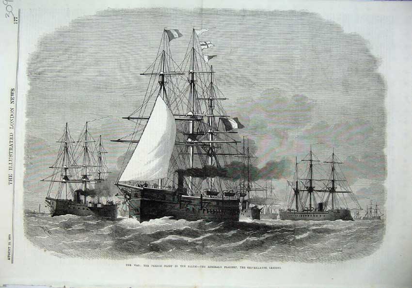 Old Antique Print War1870 French Fleet Baltic Admiral'S Ship Serveillante 19th