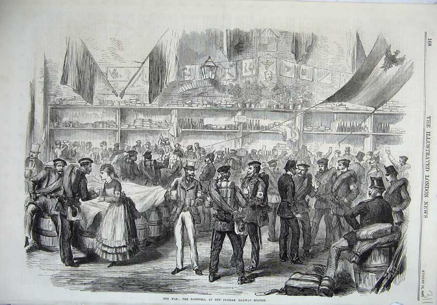 Original Old Antique Print War 1870 Farewell Potsdam Railway Station Army Siers