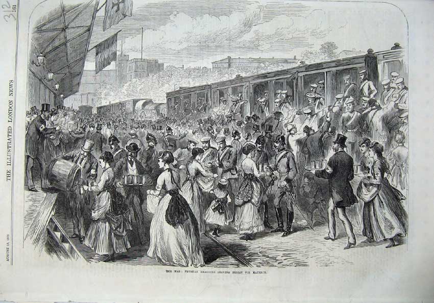 Old Antique Print War 1870 Prussian Dragoons Berlin Railway Train Mayence 19th