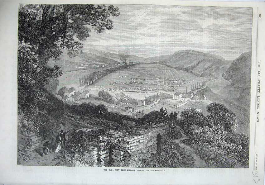 Old Antique Print War 1870 Fine Art View Forbach Saarbruck Camp Town Hill 19th