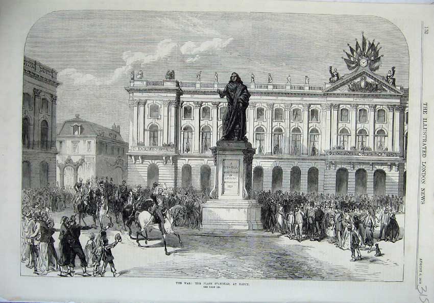Old Antique Print War 1870 Place Stanislas Nancy Statue Building Horses 19th