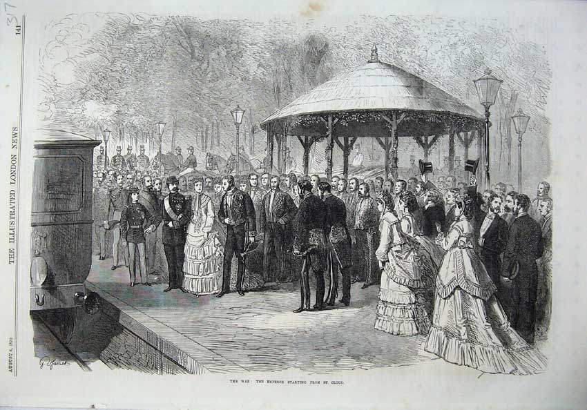 Original Old Antique Print War 1870 Emperor Railway Station Train St Cloud Army