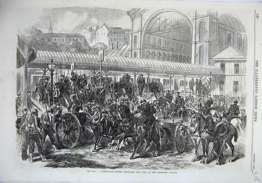 Old Antique Print War 1870 Mitrailleuse Battery Paris Strasbourg Railway 19th