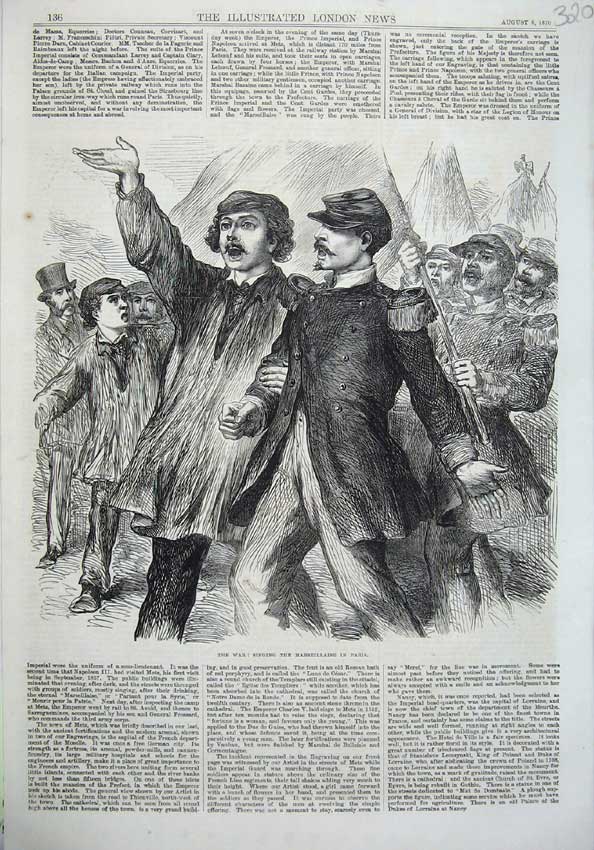 Original Old Antique Print War 1870 Singing Marseillaise Paris France Army Sier