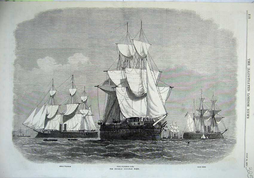Original Old Antique Print 1870 Prussian Iron Clad Ship Wilhelm Karl Kron Prine