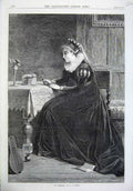 Original Old Antique Print 1870 Fine Art Portrait Beautiful Woman Desk Chair