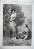 Old Antique Print 1870 Gathering Mulberry Leaves Mother Children Topham 19th