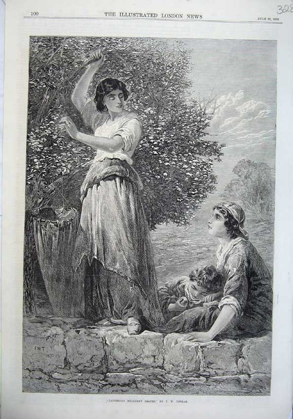 Old Antique Print 1870 Gathering Mulberry Leaves Mother Children Topham 19th