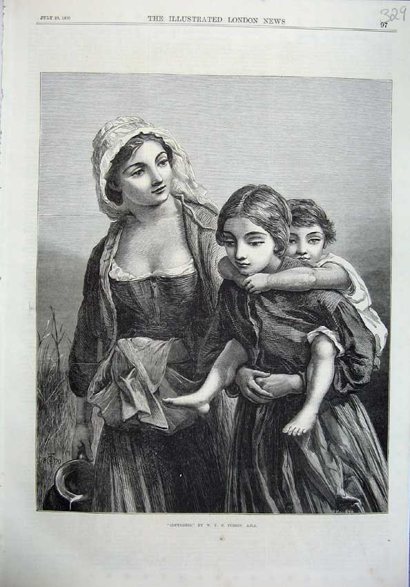 Original Old Antique Print Cottagers 1870 Women Children Milk Jug Victorian