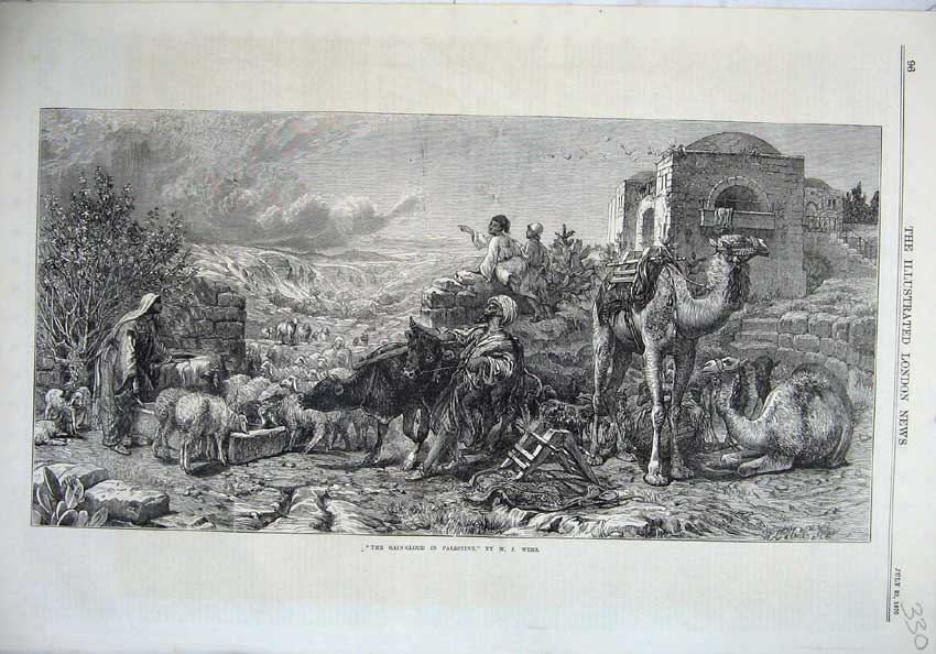Original Old Antique Print 1870 Rain Cloud Palestine Camel Cows Sheep Webb 19th