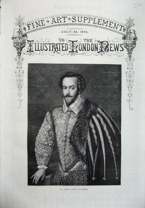 Original Old Antique Print 1870 Fine Art Portrait Sir Wlater Raleigh Zucchero