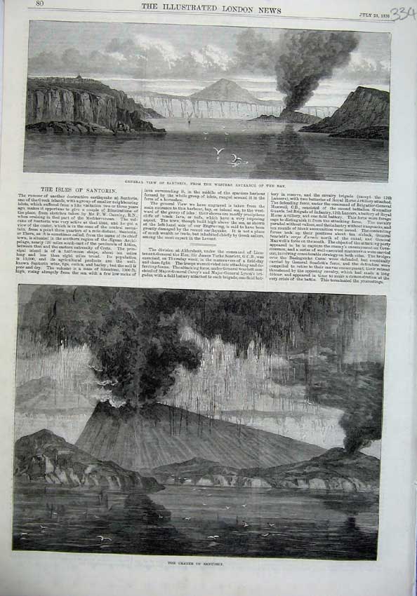 Old Antique Print 1870 View Santorin Crater Greek Islands Mountains Art 19th