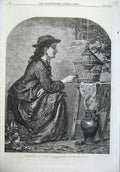 Original Old Antique Print Fine Art 1870 Young Girl Thrush Bird Cage Patten