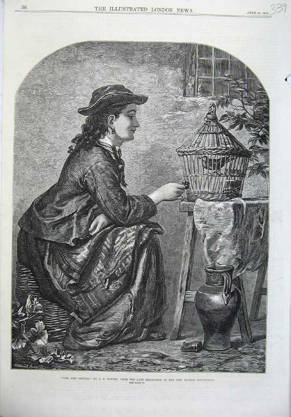 Original Old Antique Print Fine Art 1870 Young Girl Thrush Bird Cage Patten