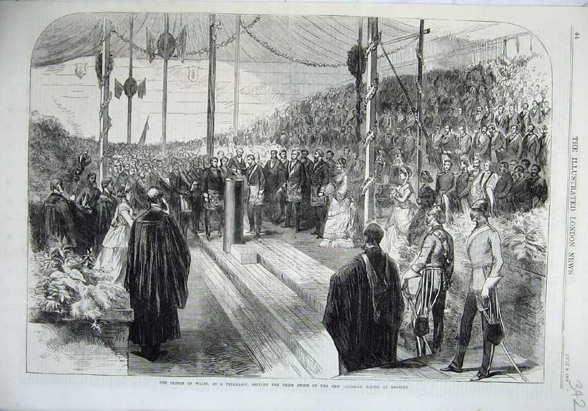 Old Antique Print 1870 Prince Wales Freemason Chief Stone Grammar School 19th