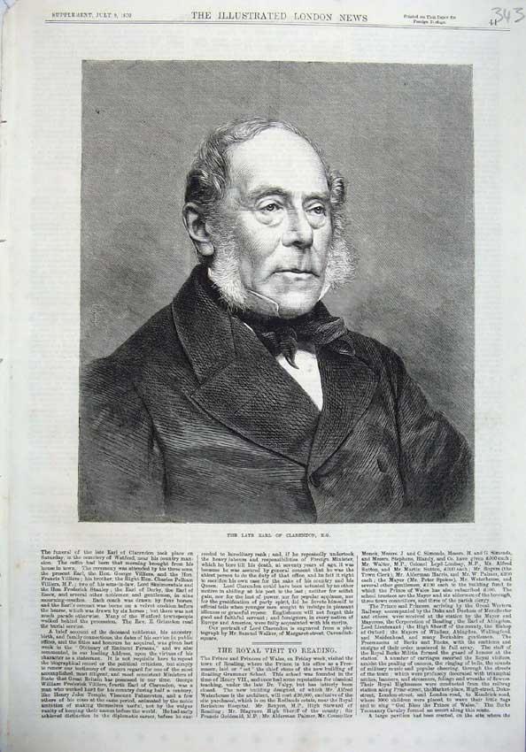 Original Old Antique Print 1870 Fine Art Portrait Earl Clarendon Nobleman 19th