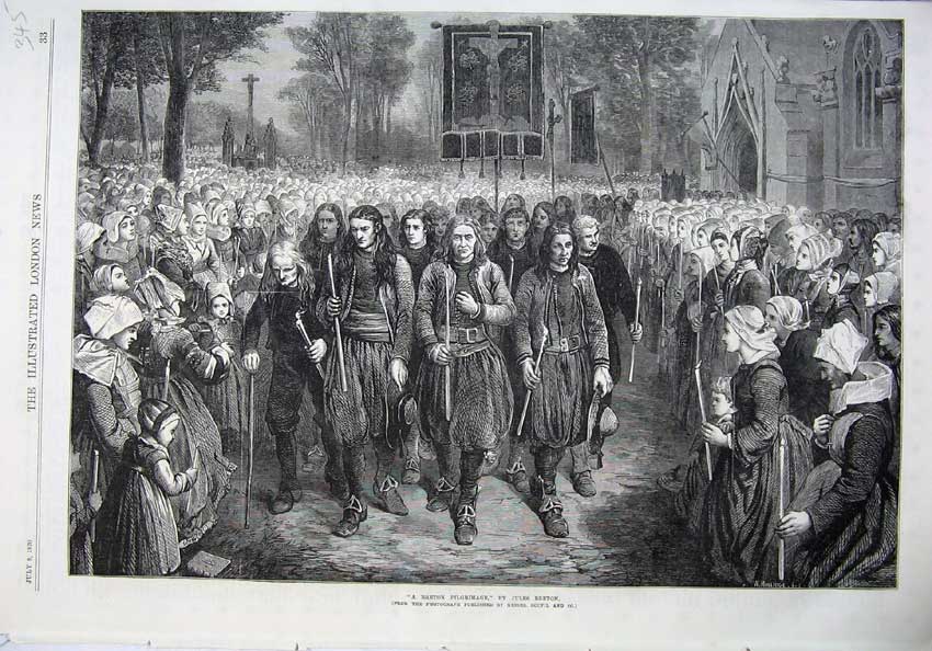 Original Old Antique Print 1870 Fine Art Breton Pilgrimage Men Women Costumes