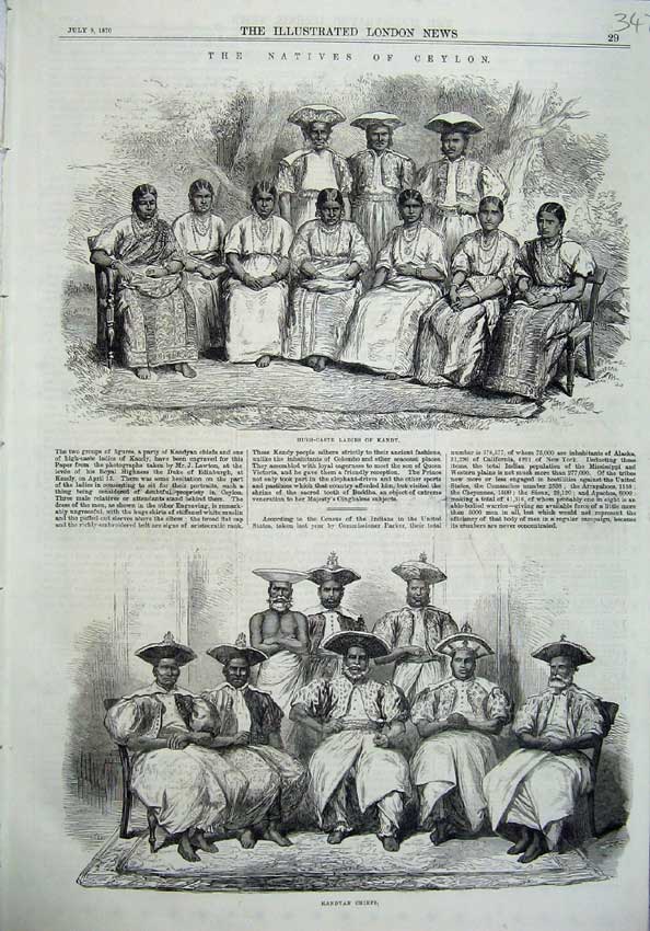 Old Antique Print 1870 Ceylon High Caste Ladies Kandy Kandyan Chiefs Art 19th