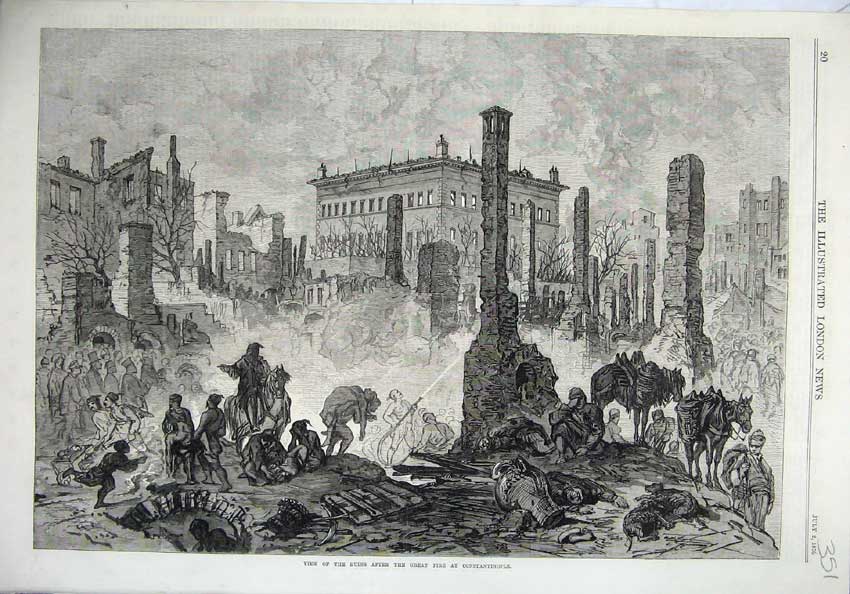 Original Old Antique Print 1870 Fine Art View Ruins Great Fire Constantinople