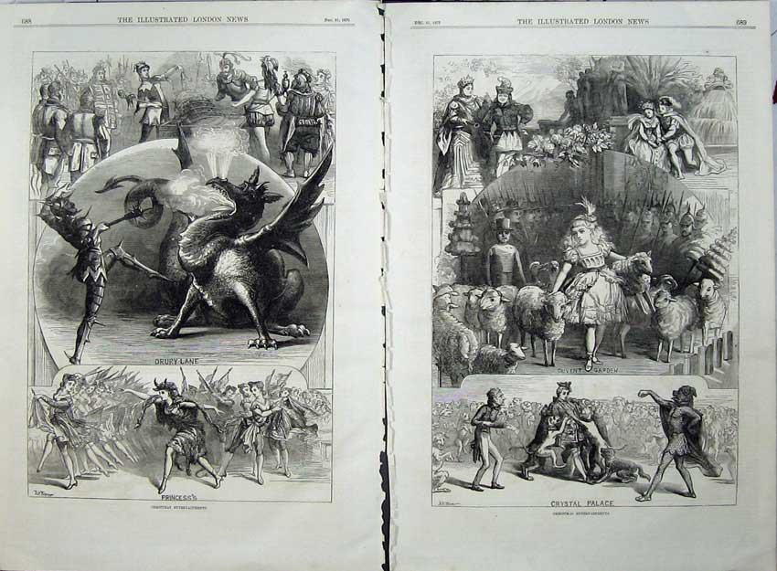 Old Antique Print 1870 Christmas Pantomimes Drury Crystal Palace Covent 19th