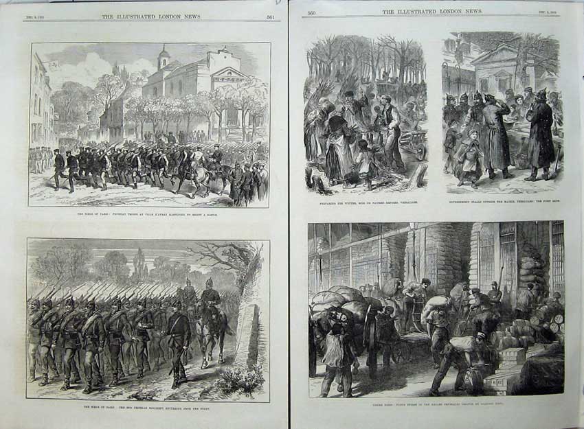 Old Antique Print War 1870 Versailles Snow Seige Paris Prussian Troops 19th