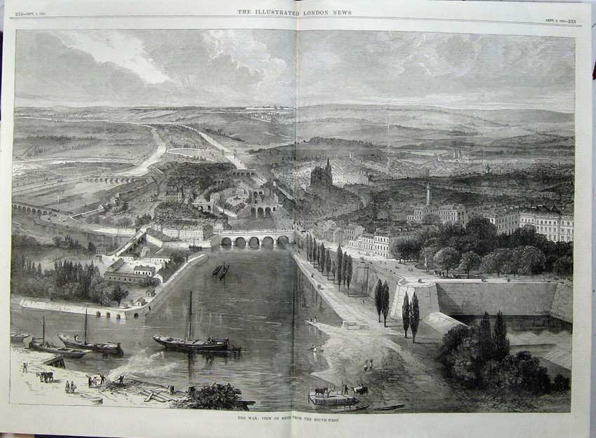 Old Antique Print 1870 War View Metz Town Bridge River Palace France Art 19th