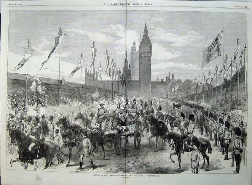 Old Antique Print 1870 Procession Hungerford Thames Embankment Horse Art 19th