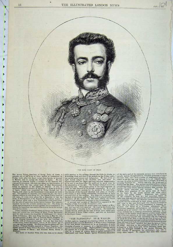 Original Old Antique Print 1871 Portrait King Elect Spain Royalty Man Victorian