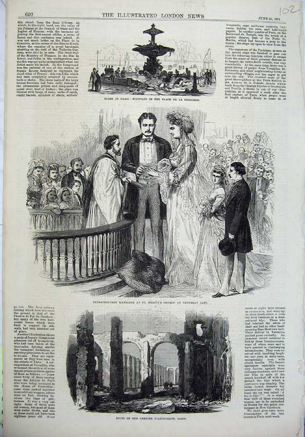 Old Antique Print 1871 Paris Fountain Ruins Wedding Martins Church France 19th