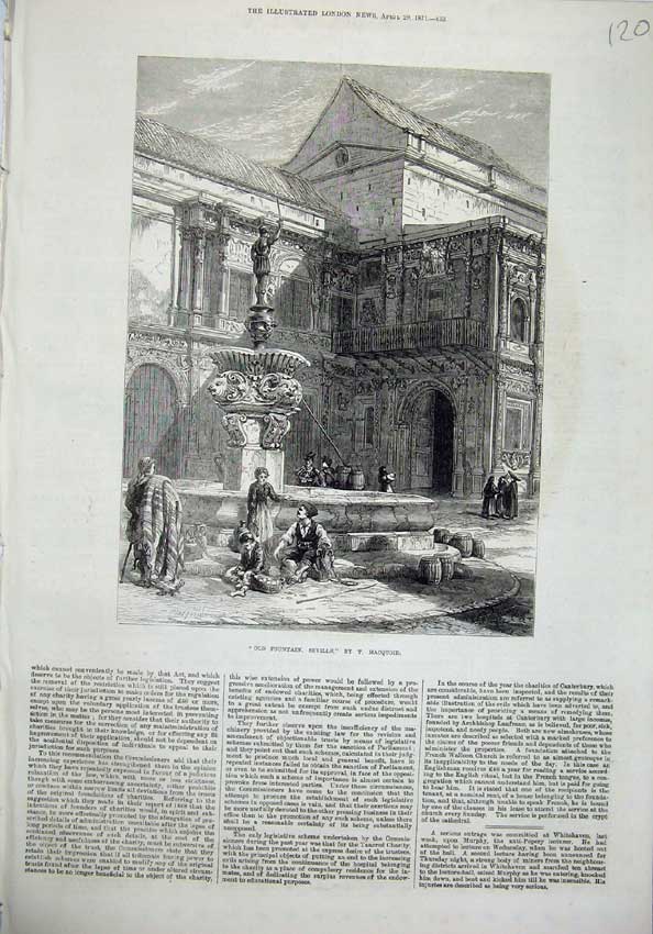Original Old Antique Print 1871 View Fountain Seville Spain Macquoid Victorian