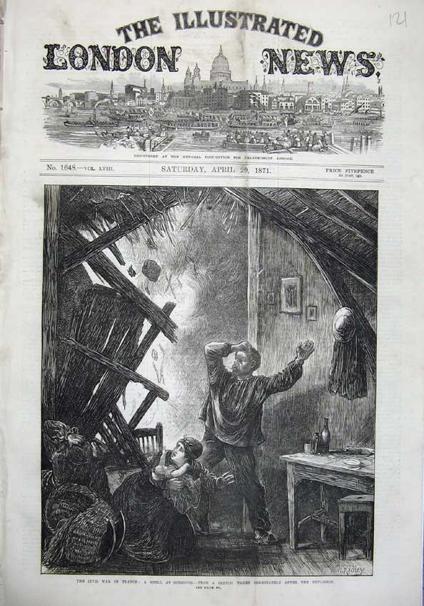 Old Antique Print 1871 Civil War France Shell Suresnes Bomb Family Home 19th