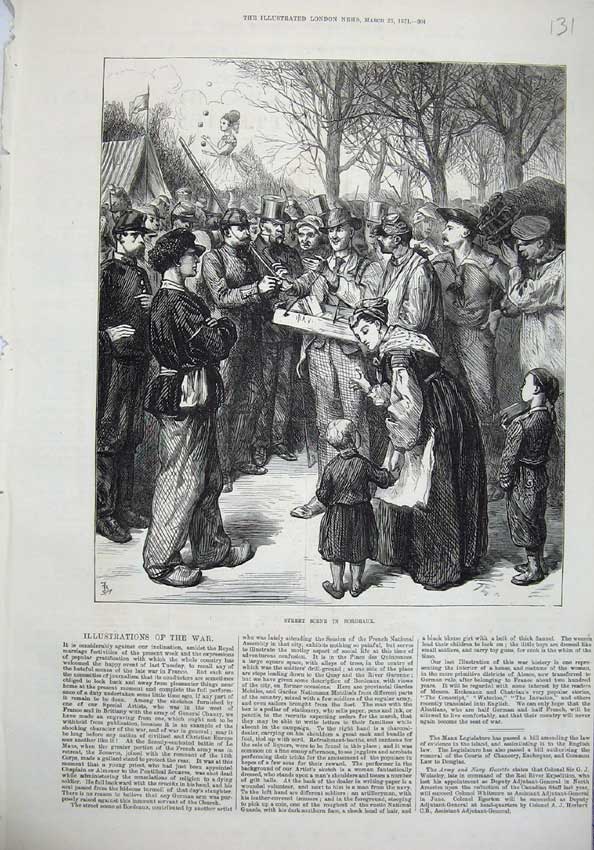 Original Old Antique Print 1871 Street Scene Bordeaux Siers Family War Children