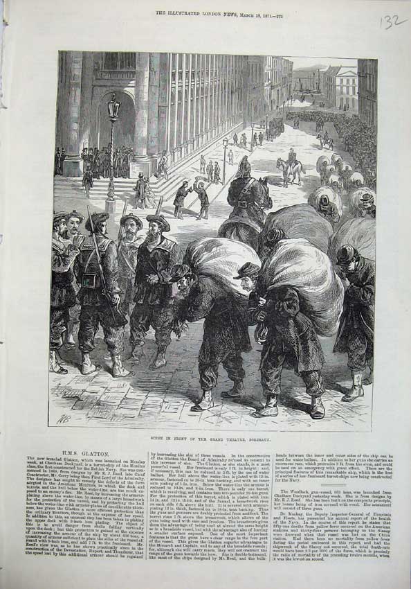 Original Old Antique Print 1871 Scene Grand Theatre Bordeaux France Men Sacks