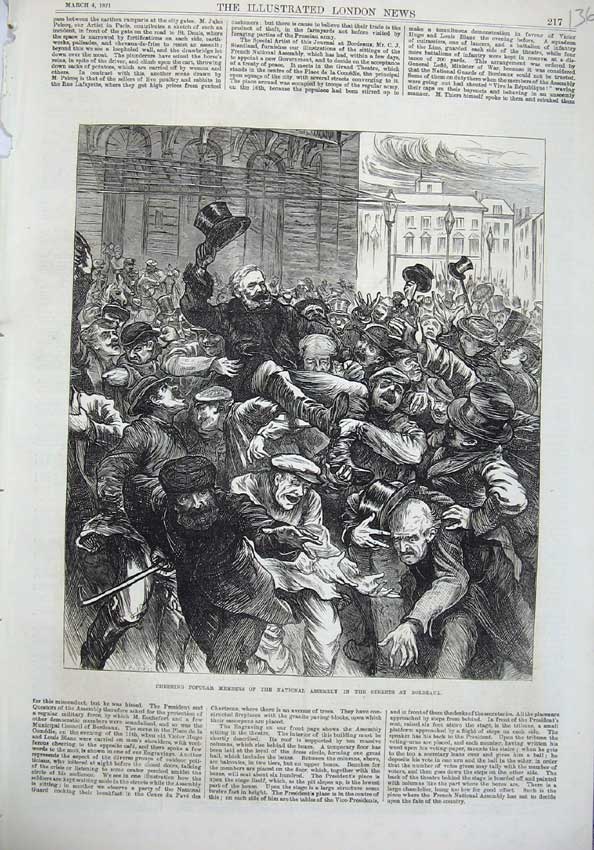 Old Antique Print Cheering Members National Assembly Bordeaux France 1871 19th