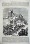Original Old Antique Print 1871 Ship Guns Buttes Montmartre Paris France Horses
