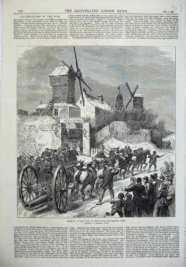 Original Old Antique Print 1871 Ship Guns Buttes Montmartre Paris France Horses