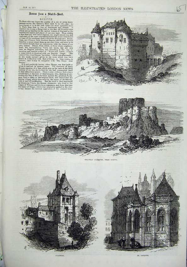 Old Antique Print 1871 Dieppe Chateau D.Arques St. Jaques France Church 19th