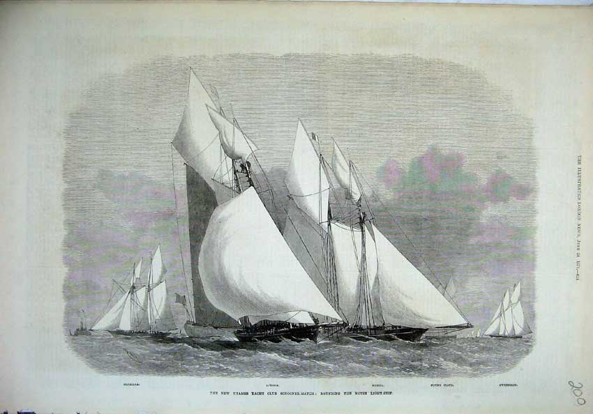 Original Old Antique Print 1871 Thames Yacht Club Schooner Ships Egeria Livonia