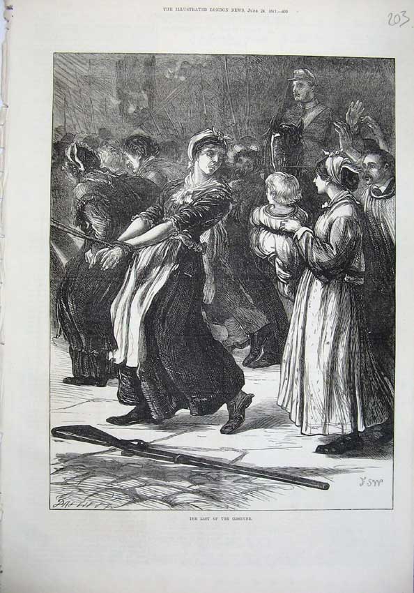 Original Old Antique Print 1871 War Prisoner Commune Women Horse Men Army Art
