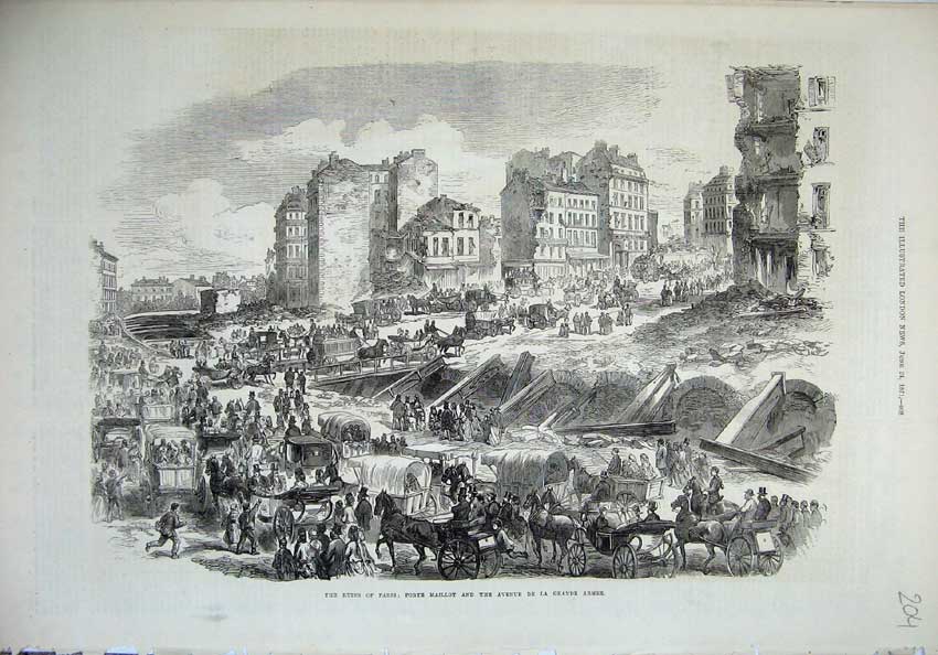 Old Antique Print 1871 Ruins Paris France Porte Malliot Grande Armee War 19th